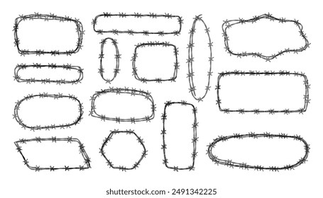 Conjunto de marcos de alambre de púas con diferentes Formas. Concepto de protección, peligro o seguridad. Dibujado a mano en estilo boceto. Ilustración vectorial