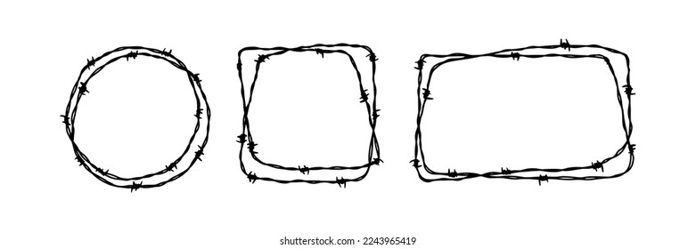 Set of barbed wire frames. Hand drawn vector illustration in sketch style. Design element for military, security, prison, slavery concepts