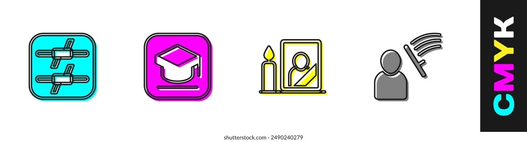 Set Barbed wire, Graduation cap, Mourning photo frame and Police beat human icon. Vector