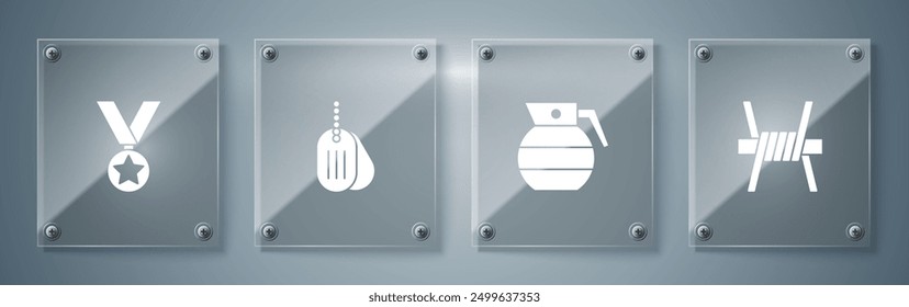 Set Barbed wire, Hand grenade, Military dog tag and reward medal. Square glass panels. Vector