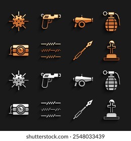 Set Barbed wire, Hand grenade, Soldier grave, Medieval spear, Dynamite timer clock, Cannon, Naval mine and Pistol or gun icon. Vector