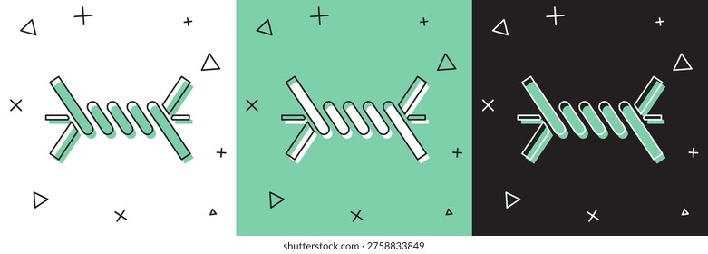 Set Barbed wire icon isolated on white and green, black background.  Vector Illustration