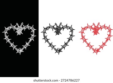 Conjunto de arame farpado em forma de coração ícone arte vetorial 