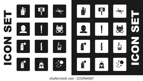 Set Stacheldraht, Polizei Gummi-Staffel, Vandal, Handgranate, Gasmaske, Friede, Walkie Talkie und Pfefferspray Symbol. Vektorgrafik