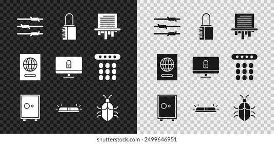 Set Barbed wire, Safe combination lock, Paper shredder, Flasher siren, System bug concept, Passport and Lock computer monitor icon. Vector
