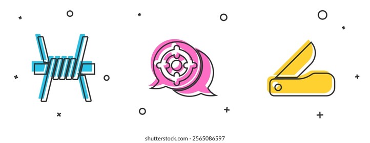 Set Barbed wire, Target sport and Swiss army knife icon. Vector
