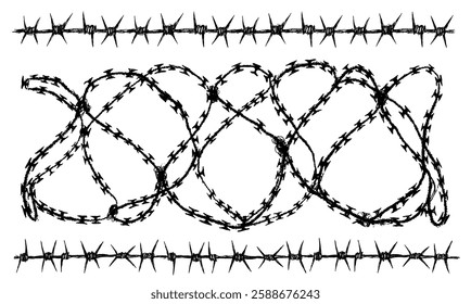 Set of barbed wire. Vector illustration template. Barbed wire silhouette drawn by hands and pencil, chalk.