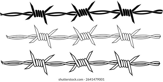 Set of Barbed Wire Vector Illustrations in Black and White for Security and Border Design