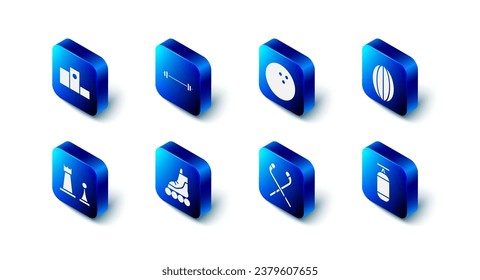 Set Barbell, Bowling ball, Rugby, Punching bag, Ice hockey sticks, Roller skate, Chess and Award over sports winner podium icon. Vector