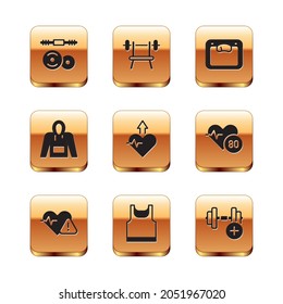 Set Barbell, Heart Rate, Sleeveless T-shirt, Heartbeat Increase, Hoodie, Bathroom Scales, Dumbbell And Bench With Barbell Icon. Vector