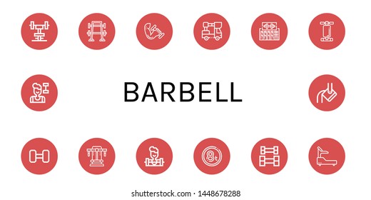 Set of barbell icons such as Gym, Bench press, Dumbbell, Lifter, Abdominal bench, Weightlifting, Weighlifter, Weight, Fitness, Heavy , barbell