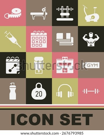 Set Barbell, Location gym, Bodybuilder muscle, Bench with barbel, Calendar fitness, Doping syringe, Tape measure and Towel stack icon. Vector