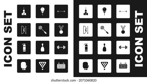 Set Barbell, Tennis racket, Bow and arrow in quiver, Dart, Medal, Golf ball on tee, Dumbbell and Aqualung icon. Vector