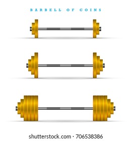 Set of Barbells with Different Weights. Golden Coins Bars. Cash Plan Concept. Vector Illustration in Realistic Style Isolated on White Background.