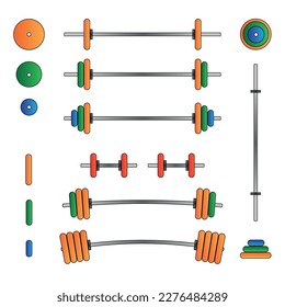 Set of barbells, dumbbells and disk for the gym. Barbells of different weights for fitness. Creation of bars with different weights. Fretboard set