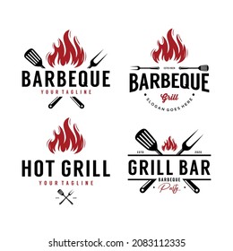 Juego de Barbeque, bbq, logotipo de parrilla con plantilla e icono de fuego plantilla de diseño