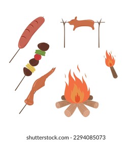 Set of Barbeque elements on a white background. Vector of Barbeque related things. Food of meats, chicken wing and sausages.
