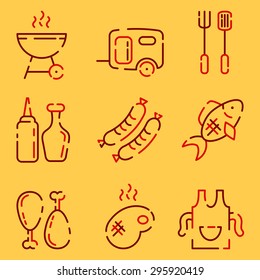 A set of barbeque icons in a line style. Grill, sausage on a fork, grilled meat, an apron with a toque, fish, oil, ketcup and mustard. Fully editable vector illustration.