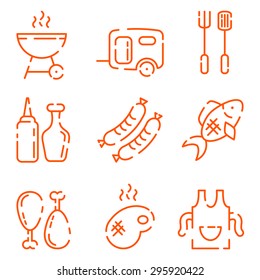 A set of barbeque icons in a line style. Grill, sausage on a fork, grilled meat, an apron with a toque, fish, oil, ketcup and mustard. Fully editable vector illustration.