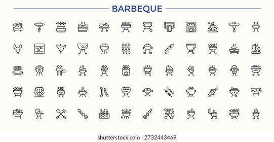 Conjunto de icono de línea de barbacoa. Contiene carnicería, comida, cocinero, barbacoa, parrilla, cocina y más. Colecciones de Vector minimalistas. Conjunto de iconos de parrilla. Señales para Web y App móvil.