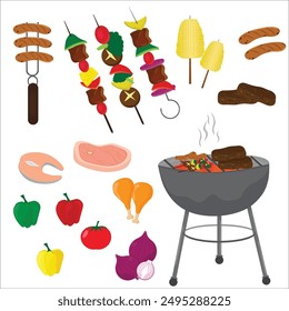 Set Barbeque Party Elements Grill Meat, Barbaque Party Cartoon Grilled, Barbaque Ingridients Vector Illustration.