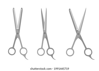 Set of barber accessories for cutting and trimming hair. Metal Opened Thinining Scissors. Icon Set. Hairdressing scissor. Vector Illustration in flat style isolated on white background.