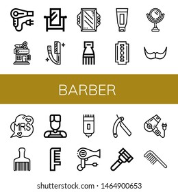 Set of barber icons such as Hair dryer, Barbershop, Mirror, Razor, Comb, Shaving cream, Shaving razor, Moustache, Mrs, Hair brush, Barber, Shaver , barber