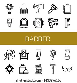 Set of barber icons such as Mirror, Hand mirror, Hair brush, Hair dryer, Razor, Comb, Mrs, Shaving cream, Barbershop, Razor blade, Shaving brush, Moustache , barber