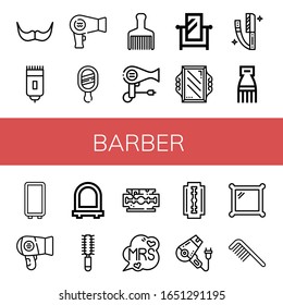 Set of barber icons. Such as Moustache, Shaver, Hair dryer, Mirror, Hair brush, Razor, Comb, Razor blade, Mrs, Shaving razor , barber icons