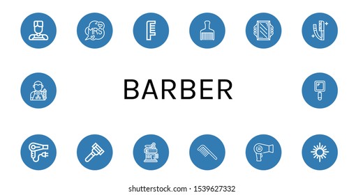 Set of barber icons. Such as Barber, Mrs, Comb, Hair brush, Mirror, Razor, Hair dryer, Barbershop, Hand mirror , barber icons