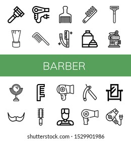 Set of barber icons. Such as Razor, Shaving brush, Hair dryer, Comb, Hair brush, Shaving cream, Razor blade, Barbershop, Mirror, Moustache, Barber, Shaving razor , barber icons