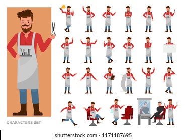 Conjunto de personas Barber trabajando diseño vectorial de caracteres. Presentación en diversas acciones con emociones, correr, pararse y caminar.