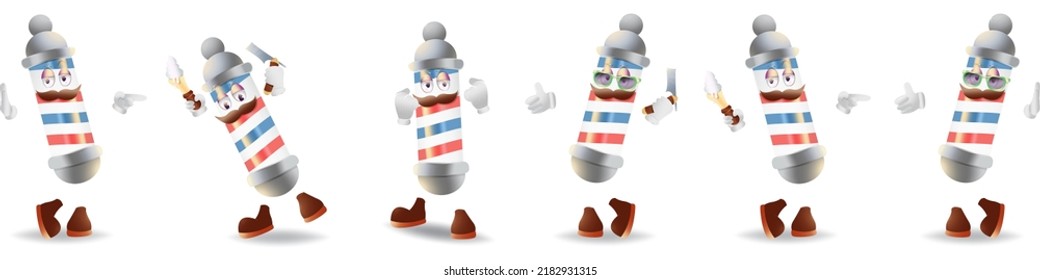 Set of barber pole characters standing in different poses. Barbershop mascot. Stock vector illustration of barber pole cartoon character. Isolated background.