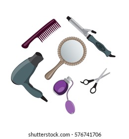 Set for a barber. Scissors, hairdryer, comb, perfume, mirror,curling iron. Vector.