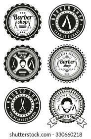 Set of barber shop badges isolated on white background. Collection of badges and elements for company logos, business identity, print products, page and web decor or other design. Vector illustration.