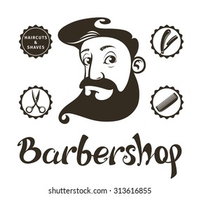 Set of Barber Shop design elements with bearded man, comb, razor and scissor