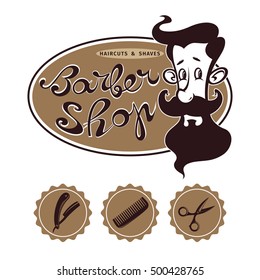 Set of Barber Shop design elements with bearded man, comb, razor and scissor