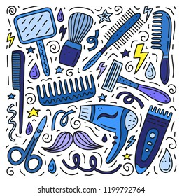 Set of barber shop doodle colored icons with lines, symbols around isolated on white background.