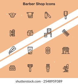 Set of barber shop icons showcasing grooming tools and hairstyles perfect for beauty and personal care themes.