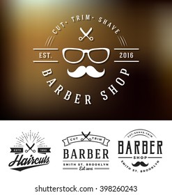 Set of barber shop logo and decorative sticker design. Retro vintage insignia logotype for barber shop. Vector illustration