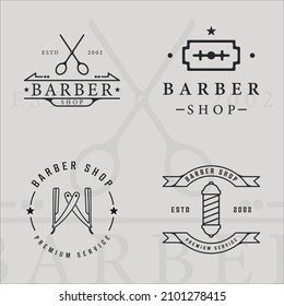 set of barber shop logo line art simple minimalist vector illustration template icon graphic design. bundle collection of various barber symbol with scissor and razor blade