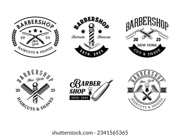 Set of barber shop logo sign badge. Vintage barber shop logo with retro style vector design collection	