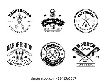 Set von Friseur-Shop Logo Zeichen-Abzeichen. Vintage-Friseur-Logo mit Vektordesign-Kollektion im Retro-Stil	