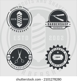 set of barber shop logo vintage vector illustration template icon graphic design. bundle collection of various scissor and razor blade symbol with typography and retro badge