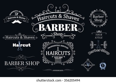 Set of barber Shop logos, labels, retro haircuts signs and shaves