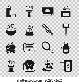 Set Barber shop pole, apron, Shaving razor, Blade, Cream cosmetic tube, Washbasin, gel foam and Curling iron icon. Vector