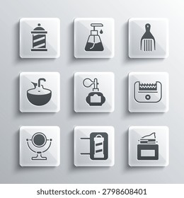 Set Barber shop pole, Cream cosmetic jar, Electrical hair clipper, Aftershave, Round makeup mirror, Washbasin,  and Barrette icon. Vector