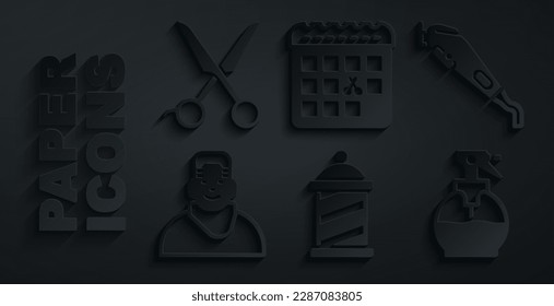 Set Friseur-Pol, Elektrische Friseur-Clipper, Gast in Friseur, Friseur-Pistolsprühflasche, Kalender mit Friseur-Tag und Scheren-Friseur-Icon. Vektorgrafik