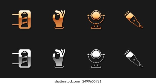 Set Barber shop pole, Medical rubber gloves, Round makeup mirror and Electrical hair clipper icon. Vector