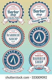 Set of barber shop red and blue badges isolated on gradient background. Collection of badges and elements for company logotypes, business identity, print products, page and web decor or other design.